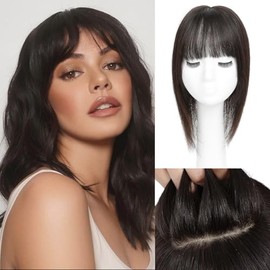 Aimeolyn Toppers para el cabello para mujer, cabello humano real, de 12 pulgadas, con flequillo, cuero cabelludo natural, cobertura de base grande, ad