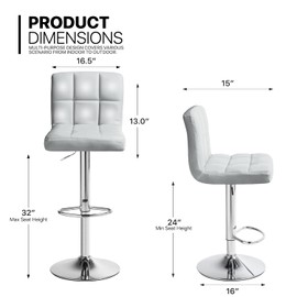 MoNiBloom Silver Barstool Set of 2, PU Leather Modern Seat Height Adjustable Bar Stool with Footrest and Metal Base for Pub Chair Kitchen Island Counter