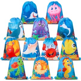 12 Suministros de Fiesta de Océano Mochila con Cordón de Recuerdos Bolsa de Mochila Colorida de Peces Oceánicos Bolsa de Golosinas de Cumpleaños de Animal Marino de Dibujo Animado con Hilo para Niños