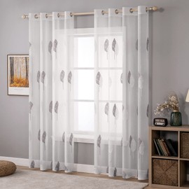 MIULEE Living Room Curtains, Transparent, Beautiful Grey and White Leaves Pattern, Modern, Embroidered, Eyelets, for Bedroom Decoration, Set of 2, Window Curtains, 260 x 140 cm (H x W)