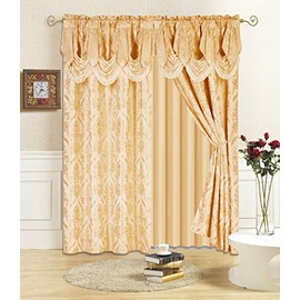 All American Collection New 4 Piece Drape Set with Attached Valance and Sheer with 2 Tie Backs Included (96" Length, Gold)