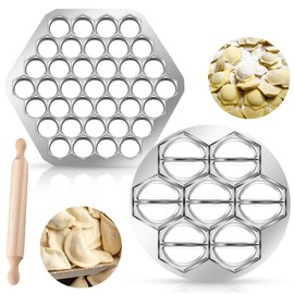 Vesici 3 Pcs Ravioli Maker Dumplings Set 37 Holes Ravioli and 12 Holes Ravioli Maker Press Dumplings with Wood Rolling Pin Metal Ravioli Cutter Kit for Ravioli Pasta Making Tools