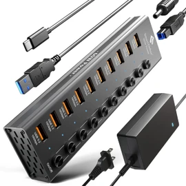 Powered USB 3.2 to Type-A, Type-C Hub, SmartDelux 10Gbps 10 Port Adapter, Individual LED Switches end High-Speed Data Transfer, Power Adapter 60W, USB Extension for Laptop, Flash Drive, PC and More
