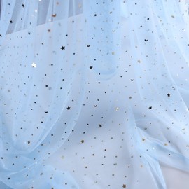 SHAYUAN 54" x 8 Yards Glitter Tulle Fabric Rolls Golden Stars and Moon Tulle Rolls for DIY Tutu Dress Table Runner Skirt Crafts Sheer Wedding Backdrop Stage Decoration-Light Blue