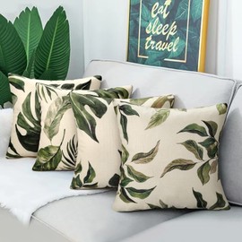 Set of 4 Waterproof Cushion Covers 45 x 45 cm Tropical Palm Green Leaves Pattern Cushion Cover Modern Summer Home Decorative Outdoor Cushion Cover for Couch Sofa Bed Car Bedroom Living Room (A)