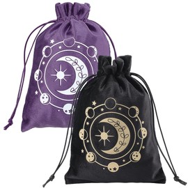 CREATCABIN Pack of 2 Tarot Cards Storage Bags with Drawstring Tarot Card Holder Tarot Card Bags Black/Purple Moon Phase Jewellery Packaging Velvet Bag for Crystals Cube Runes Altar 13.5 x 18 cm