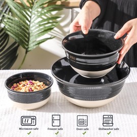 Hasense Porcelain Mixing Bowls for Kitchen, 84/40/20 Oz Large Salad Serving Bowls Set of 3, Unique Thanksgiving Bowls Set for Entertaining Cooking Baking Serving Food, Nesting Bowls, Black