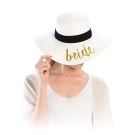 RJAY Women's Paper Weaved Embroidered Crushable Beach Lettering Quote Floppy Brim Hat (Bride - White)