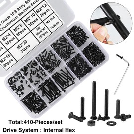 FandWay 410Pcs M2 Hex Socket Countersunk Machine Screws, 10.9 Grade Alloy Steel Flat Head Hex Socket Cap Screws, Nuts Bolts and Washers Assortment Set With Allen Key(Black)