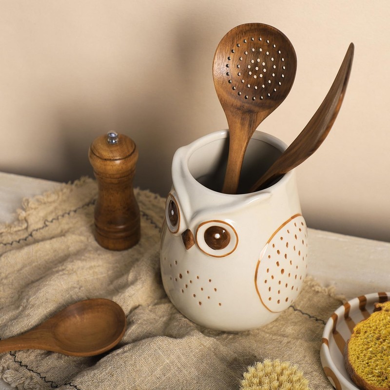 SOCOSY Owl Ceramic Kitchen Utensil Holder For Countertop, Cooking Utensil