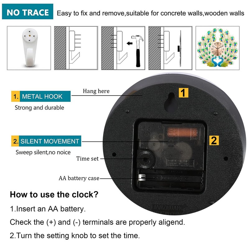 FMTAD Large Peacock Wall Clock Silent Non-Ticking,3D Creative Luxury Decorative