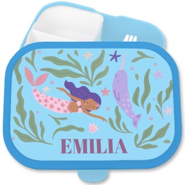 Brotdose Kinder Campus für Mepal - Einschulung Geschenk Meerjungfrau mit Name personalisiert I Brotbox Mermaid Geschenk Schulanfang I Schulbeginn - 750 ml - Blau