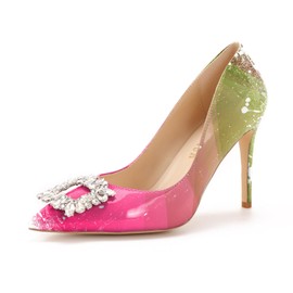 Women's Dressing Pearl Crystal Rhinestone Stiletto Multicolor Pink Green Printed Sexy Pumps/Stylish Wide Fit Evening Spike Jewel High Heels Size 8