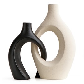 Octdays Large Ceramic Vase Decor: Black White Vase Set of 2 for Home Decor Nordic Minimalistic Vases Aesthetic Flower Vase Round Crossed Hollow Vase for Living Room Wedding Dinner Table Decorative