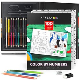 Arteza Kids Activity Book, Color by Numbers Coloring Book, 8.5 x 11 Inches, Ages 6 and Up, 50 Sheets, 12 Double-Ended Colored Pencils, Black Marker, Eraser, Sharpener