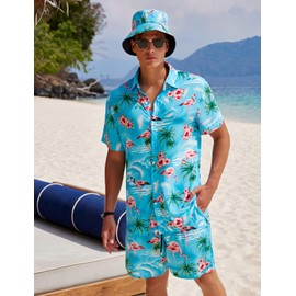 EISHOPEER Men's Hawaiian Shirt and Short 2 Piece Outfits Sets Casual Button Down Floral Hawaii Shirts Suits with Bucket Hats Sky Blue Large