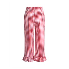 Verdusa Women's Plus Size Gingham Checkered Pants Elastic High Waisted Ruffle Hem Trousers Red and White 0XL