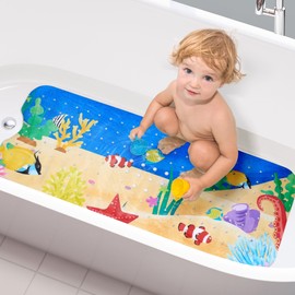Baby Bath Mat for Tub Non Slip Kids, 40 X 16 Inch Extra Long Bathtub Mat with Drain Holes and Suction Cups, Anti Slip Shower Mat Machine Washable, Submarine Park