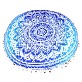 CRAFT KALA Round Mandala Boho Pillow Cover Meditation India Room Seating Poufs Cover for Living Room Yoga Room Home Décor Bedroom Balcony Garden Decoration Cotton Floor Cushion Cover (22", Blue Ombre)