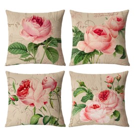 Set of 4 Rose Decorative Throw Pillow Covers 12x12 Inch Pink Floral Pillow Covers Square Pillow Cases Spring Summer Flower Outdoor Couch Sofa Home Decoration Cushion Covers (12 by 12)