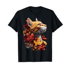 Tabby Cat with Autumn Leaves Fall Flowers Feline Animal T-Shirt