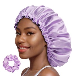 PARISBELLA Reversible Smooth As Silk Satin Bonnet For Sleeping, Adjustable Satin Sleep Cap for Curly Hair, Chic Satin Hair Wrap With Scrunchy, Lavender, Large, Pack of 1