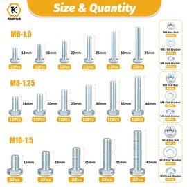 Kadrick 820Pcs Metric Bolt Assortment,Grade 8.8 M6 M8 M10 Hex Heavy Duty Bolts and Nuts Kit,M6-1.0 M8-1.25 M10-1.5 (12mm to 45mm),Eco-Friendly Zinc Plated