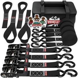 Motorcycle Ratchet Tie Down Straps with Soft Loops - Vehiclex 4PK Heavy Duty 1.5" x 8ft Kit, 4,400 lb Breaking Strength for Powersports, Black