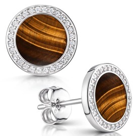 MATERIA Women's Stud Earrings 925 Silver – Gemstone Stud Earrings with Cubic Zirconia – 5 Colours with Gift Box, Silver