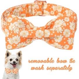 Unique Style Paws Fall Dog Bow Collar, Orange Floral Dog Collar with Bow, Adjustable Bowtie Pet Collar with Metal Buckle Fancy Pet Gift for Holiday