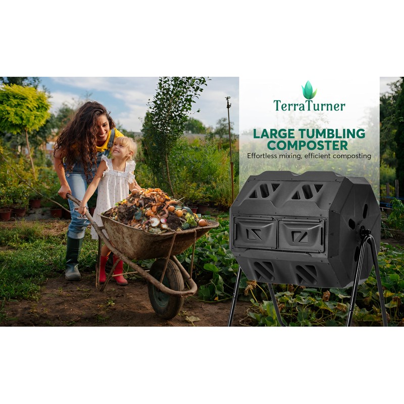 TerraTurner Outdoor Tumbling Composter Dual Rotating Batch Compost Bin, 43