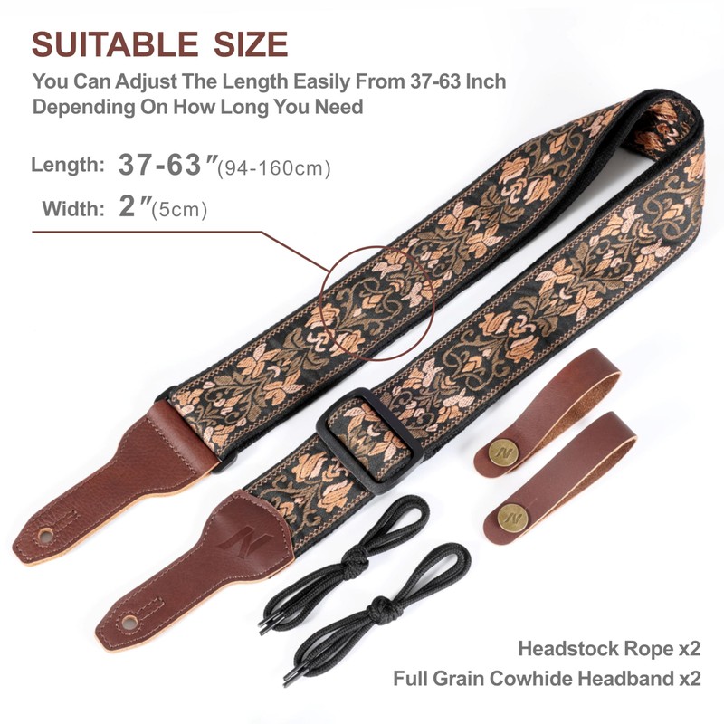 Nefelibata Banjo Strap, 2"Wide Full Grain Cowhide Guitar Strap Adjustable