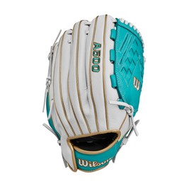 Wilson 2024 A500™ Siren™ 12.5” Youth Outfield Fastpitch Softball Glove - Right Hand Throw, White/Teal/Metallic Gold