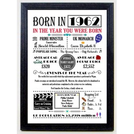 "THE YEAR YOU WERE BORN" COLOURED A4 Birthday Celebration Historical Past Memories Keepsake Gift Print with all the facts and information suitable for all people born in the year 1962