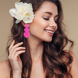 Boho Beaded Earrings Statement Heart Shaped Earrings Handwoven Drop Earrings for Valentine's Day and Mother's Day (3heart hotpink)