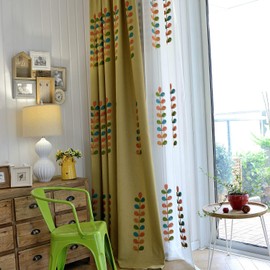 VOGOL Linen Curtains 96 Inches Long, Colorful Leaves Embroidered Grommet Drapes and Curtain Panels for Living Room/Bedroom, W52 X L96, 2 Pieces