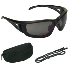 Bikershades Motorcycle Riding Safety Bifocal Sunglasses Foam Padded Men Women Z87 Wind-Proof 2.50 Reader Grey Tinted Black Frame Zipper Hard Case and Eye-Wear Retainer