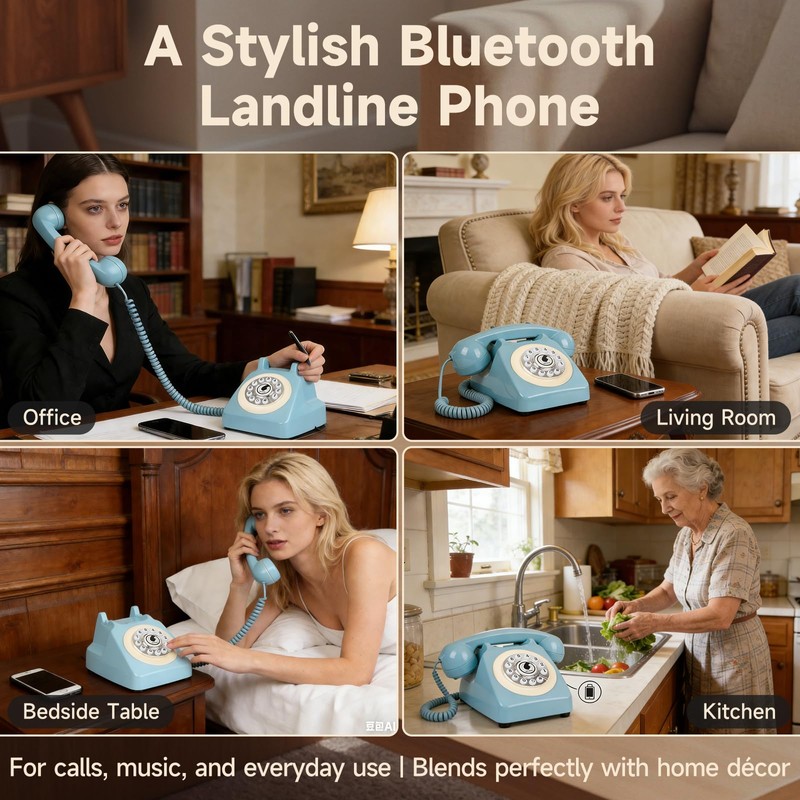 Bluetooth Landline Phone for Cell Phone, Retro Wireless Home Phones,Blue