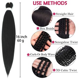WIGENIUS Pre-Stretched Braiding Hair Black 16 Inch 6 Packs / Lot Short Easy Braids Professional Synthetic Fibre Yaki Texture Knotless Braiding Hair Extensions (1B)