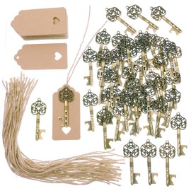 JZK 50 x Key Bottle Opener with Kraft Paper Gift Tags with Jute Twine, Vintage Keys for Wedding Favour Party Supplies Bar Supplies