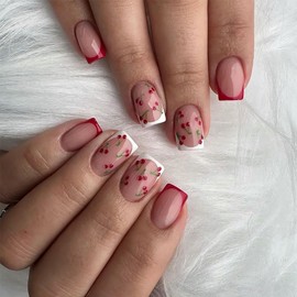 Red French Press on Nails Short Square Fake Nails Nude False Nails with Design Cute Cherry Glossy Glue on Nails Full Cover Stick on Nails Winter Artificial Nails for Women Nail Art Decoration 24 Pcs