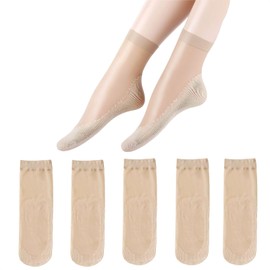 MANJIAMEI Women's See-through Socks, 5 Pairs Calf, Ankle Length, Short, Sheer, Short, One Size, Thin, Breathable, Anti-Slip, Cotton for Work, nude, Free size