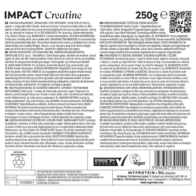 Myprotein Creatine Monohydrate Powder, 3 g per serving, Increases Performance
