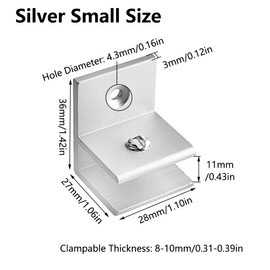 4 Pcs Glass Panel Bracket Clamps, Silver Glass Clips F Shape Adjustable 8-10mm/0.31-0.39in Glass Shelf Holder for Bedroom, Bathroom and Kitchen