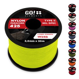GO!elements 100 m Paracord Rope Made of Tear-Resistant Nylon - 3 mm Paracord 425 Type II Max. 192 kg - Cords as Outdoor Rope, All-Purpose Rope, Survival Rope, Bracelet, Dog Lead, Nylon Cord