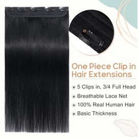Elailite Real Hair Clip-In Extensions, 1 Weft, #1 Black, Clip-In Hair Extensions, Straight Hair Extensions, 60 cm, 60 g
