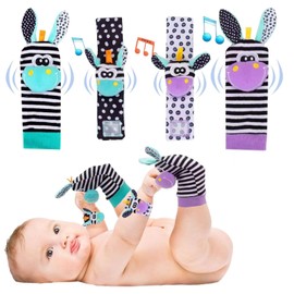 4pcs Baby Wrist and Ankle Rattles Toys, Baby Rattle Socks Wrist Strap Rattles Set, Foot Finders & Wrist Rattles for Babies Sensory Socks for Babies Toys for Baby Boy Or Girl for 0-12 Months Babies