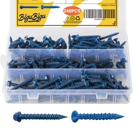 240Pcs Concrete Screws 1/4" x1-1/4,1/4" x1-3/4,3/16" x1-1/4,3/16" x1-3/4 Four Sizes Assortment Kit, Flat & Hex Head Masonry Block Brick Cement Screws for Anchoring to Masonry, Block or Brick Stucco