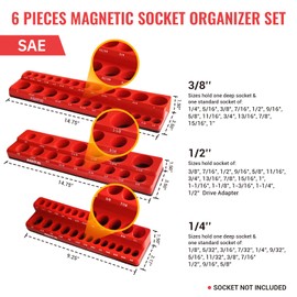AIUITIO 6-Piece Magnetic Socket Organizer Set, Magnetic Socket Holder Includes 1/4", 3/8", 1/2" Drive Metric SAE Socket Trays, Holds 143 Pieces Standard and Deep Sockets(Socket not Included)