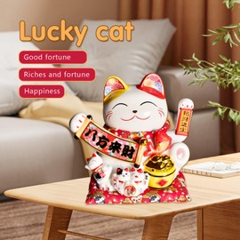 HANTHES Lucky Cat Waving Arm Fortune Cat 11" Chinese Ceramic Maneki Neko Auto Swing Arm Feng Shui Wealth Decor for Home/Office/Shop Decorative Gift for Good Luck & Prosperity Battery Not Included